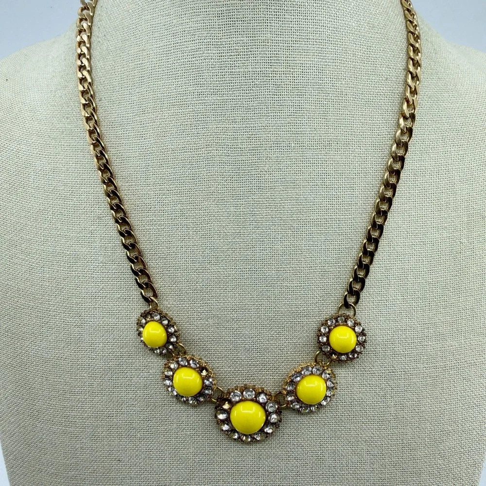 Yellow Cabochon Clear Rhinestone Flower Gold Tone Statement Necklace Jewelry